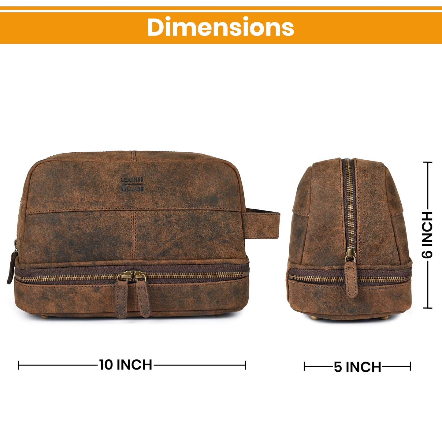 LEATHER VILLAGE Genuine Vintage Leather Dopp Kit - Travel Bag with Waterproof Lining, Large Capacity Toiletry Bag, Dual-Zip Design for Men & Women, Shaving & Bathroom Essentials Organizer-Rustic Brown