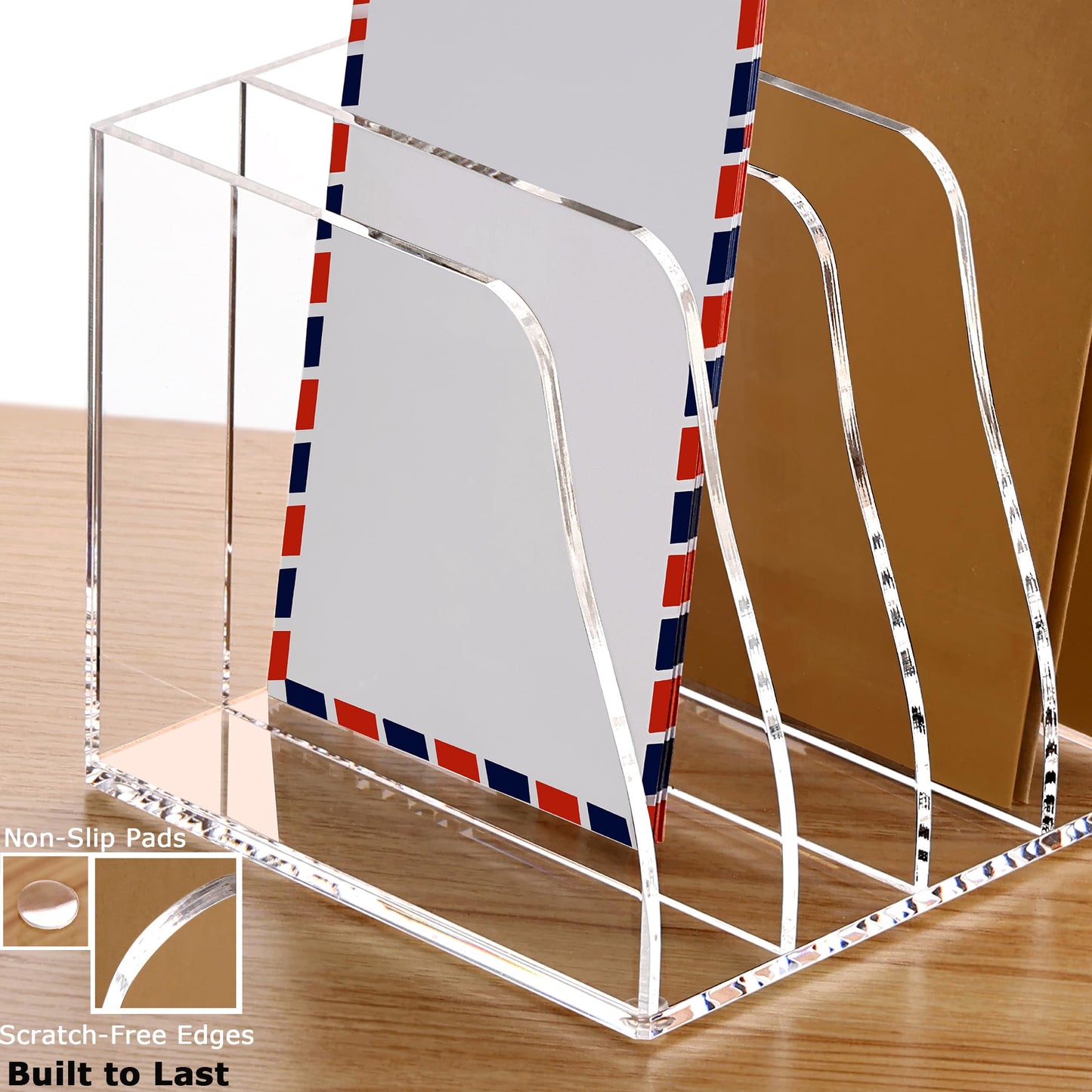 YUXUN Clear Acrylic File Folder Holder - 4 Vertical Compartments Desk Document Sorter, Upright Magazine Rack for Office/Home/Classroom, Stores Documents, Tablets, Magazines, Books & Accessories