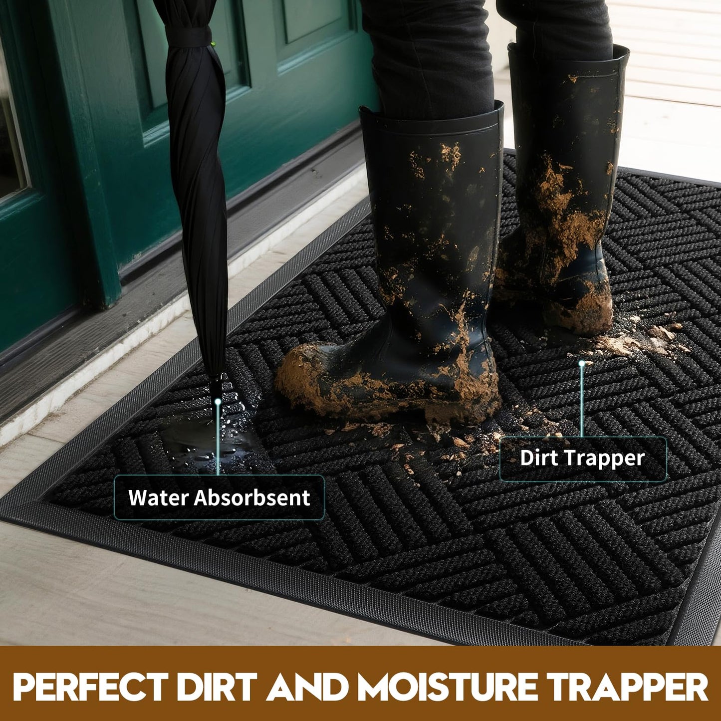 WELDUN Front Door Mat, Heavy Duty Waterproof Rubber Doormat for Indoor Outdoor, Non-Slip Low Profile Dirt Trapper Absorbent Mat for Entryway, Stain Fade Resistant Easy Clean 35.5"x24", Black