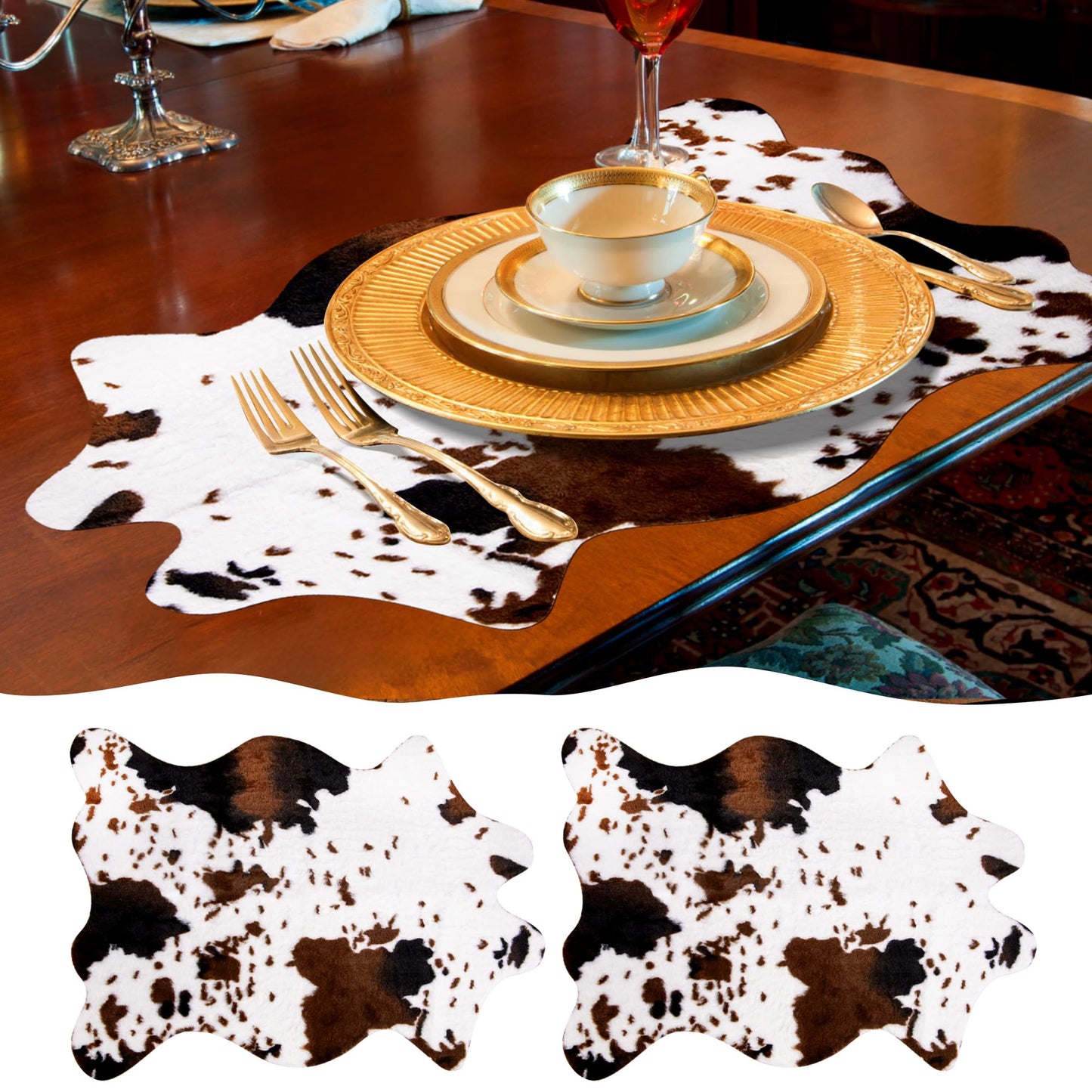 Orchidleaf 2 Pack Mini Faux Cowhide Rug, Mini Rustic Cowhide Rug Cute Rural Western Animal Pattern Decorative Rugs for Table Mat Decoration, Cowboy Parties, 19.6" W x 23.6" L