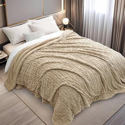 PHF Fluffy Sherpa Blanket Queen Size for Winter, Warm and Soft, 510GSM 3D Jacquard Thick Shaggy Fleece Plush Blanket for Sofa Bed, Khaki, 90"x90"