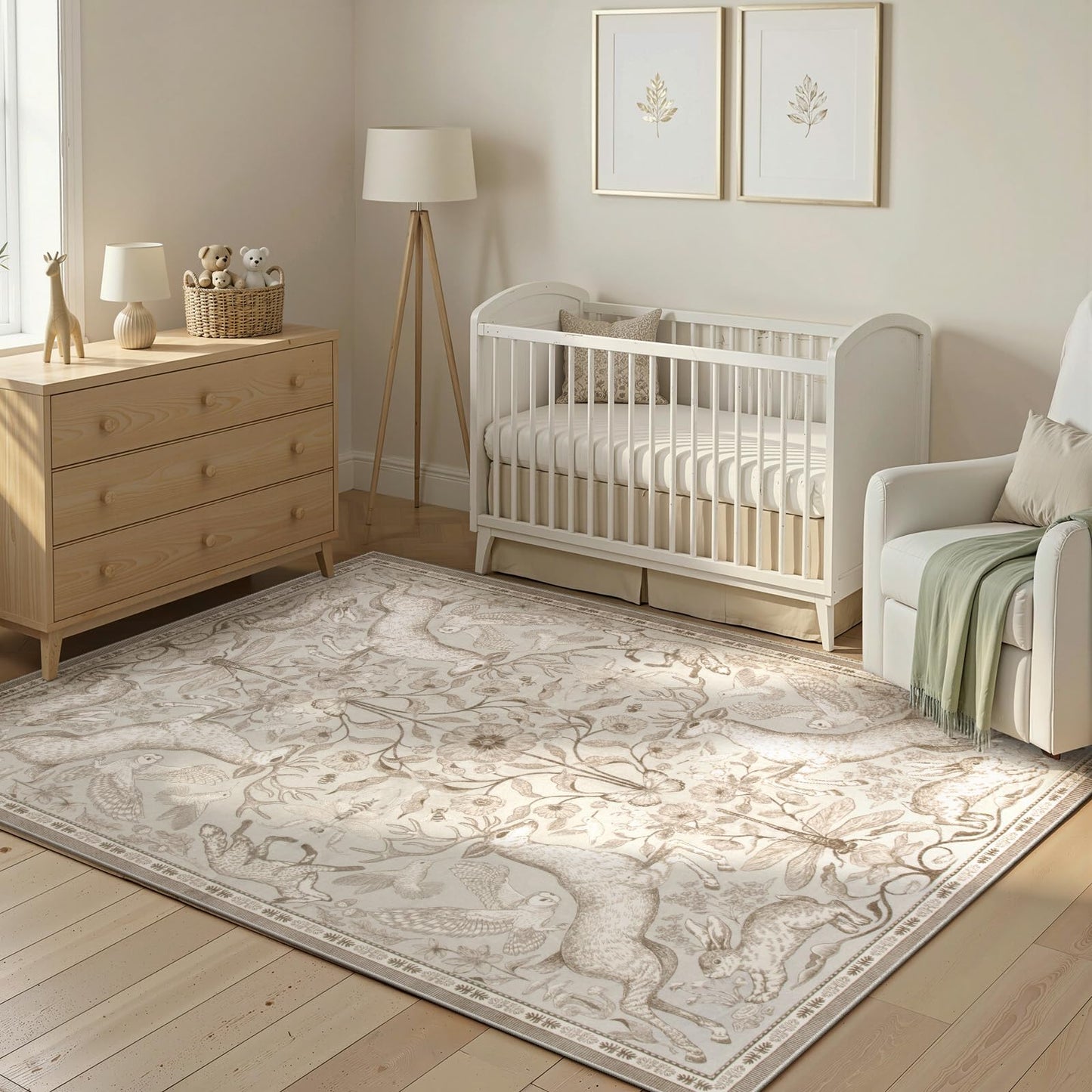 Lahome 5x7 Washable Area Rugs, Dorval Boho Deer Rugs for Living Room, Neutral Botanical Non Slip Low Pile Soft Carpet for Bedroom Dining Room Nursery Office Home Decor Beige