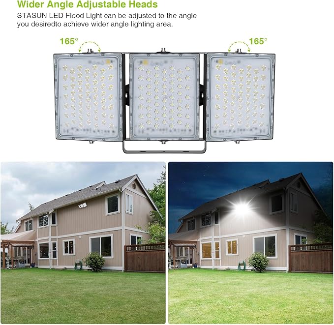 STASUN Flying Series Pro 300W 30000LM Outdoor LED Flood Light, 110V-130V, IP66 Waterproof, 6000K White, 3 Adjustable Heads for Stadium, Arena, Court, Commercial, Backyard, Street, and Parking Lot