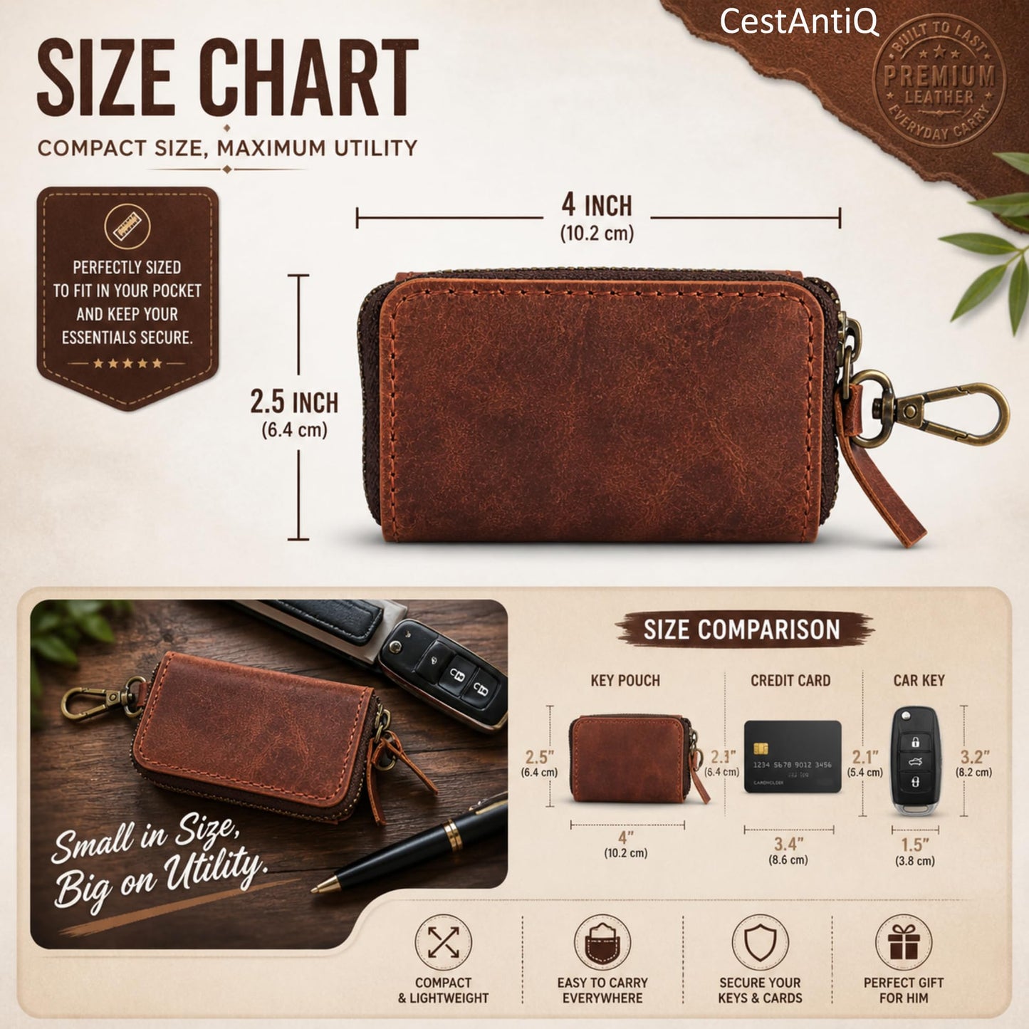 Handmade Full Grain Leather Car Key Holder & Zippered Coin Purse | Belt Loop Key Chain, Compact Earphone Holder Multi-Functional Money Purse Elegant Leather Accessory Versatile Key Organizer (Black)
