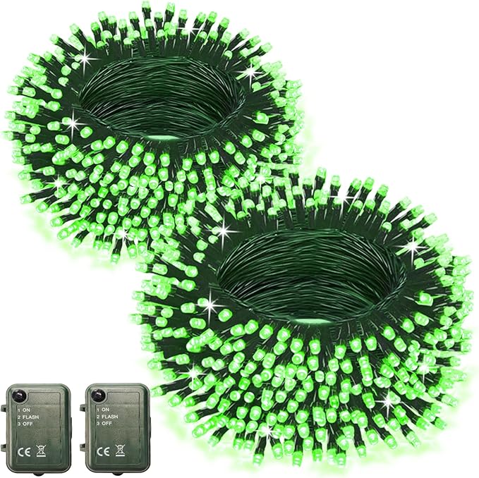 Green Halloween Lights Battery Powered, 2 Pack Total 66.6 FT 200 LED Green String Lights Indoor Outdoor Christmas Decoration, Twinkle Fairy Light for Classroom Home Party Room Xmas Tree Party Decor