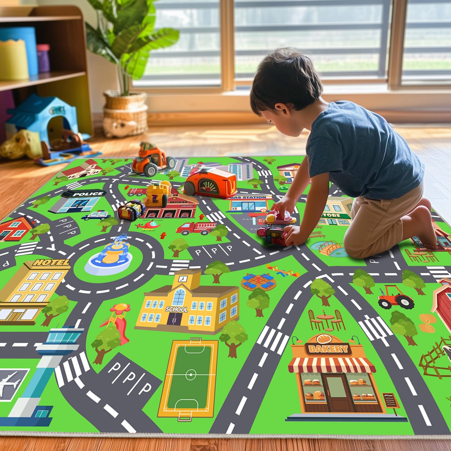 Kids Room Rug - Soft & Non-Slip 4x5 Ft Town Car Rugs City Map Play Mat, Childrens Road Carpet Washable Playmat for Classroom Nursery Bedroom Boys