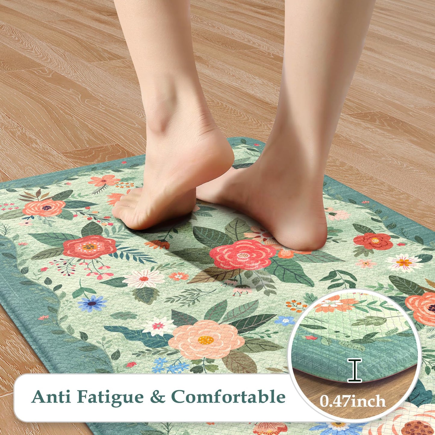 KIMODE Anti Fatigue Mats for Kitchen Floor 17"x47"+17"x29",Green Farmhouse Kitchen Rugs Sets of 2, Cushioned Kitchen Floor Mats Non Skid, Memory Foam Mats for Laundry Office Sink Desk