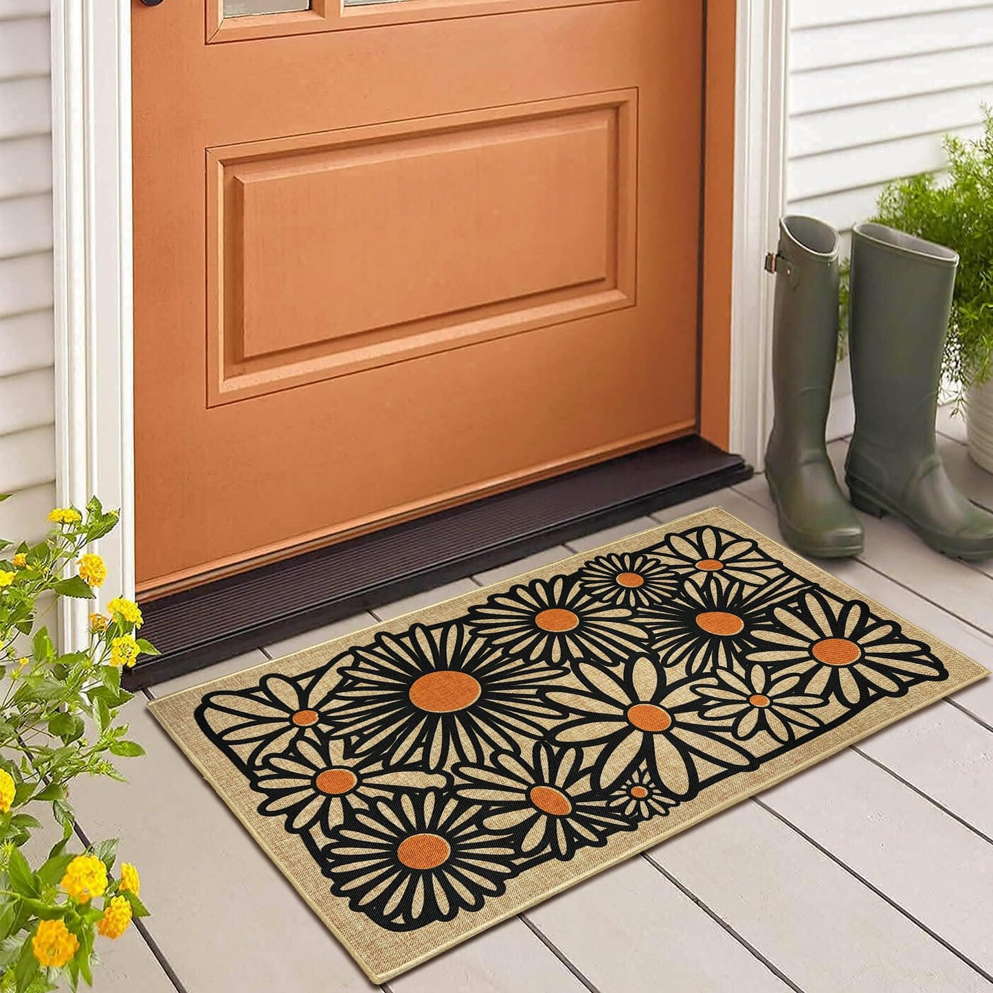 Welcome Mats Front Door Mats for Outdoor Indoor Entrance Non-Slip Backing Doormat for Housewarming Gifts Durable Daisy Flower Floor Mat Summer Home Rugs for House Farmhouse Kitchen Hallway 16.9"x29.9"