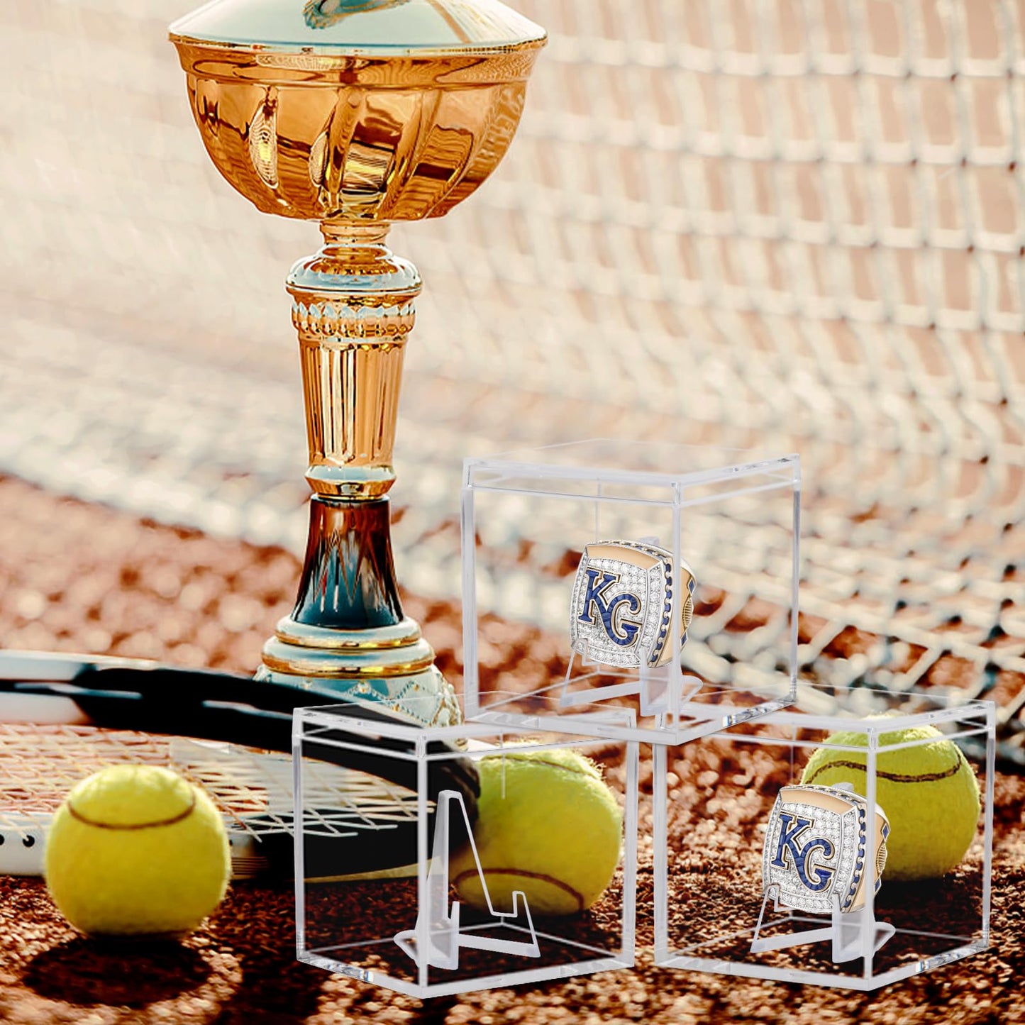 20 Pack Championship Ring Display Case Clear Acrylic Ring Case Display Box for Sports Baseball Softball Football Golf Single Ring Coin Holder Stand, 2.16 Inch