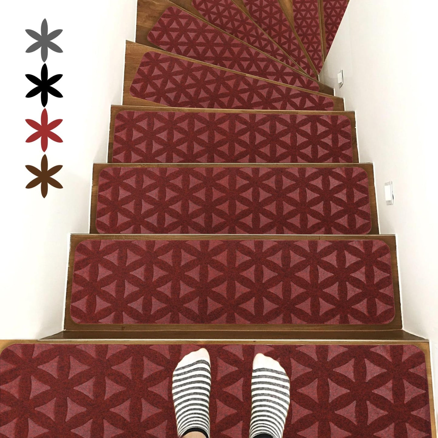 RIOLAND Non-Slip Carpet Stair Treads for Wooden Steps Indoor, 8" X 30", 15 Pack Peel and Stick Stair Treads Runners for Kids Elders and Pets, Red