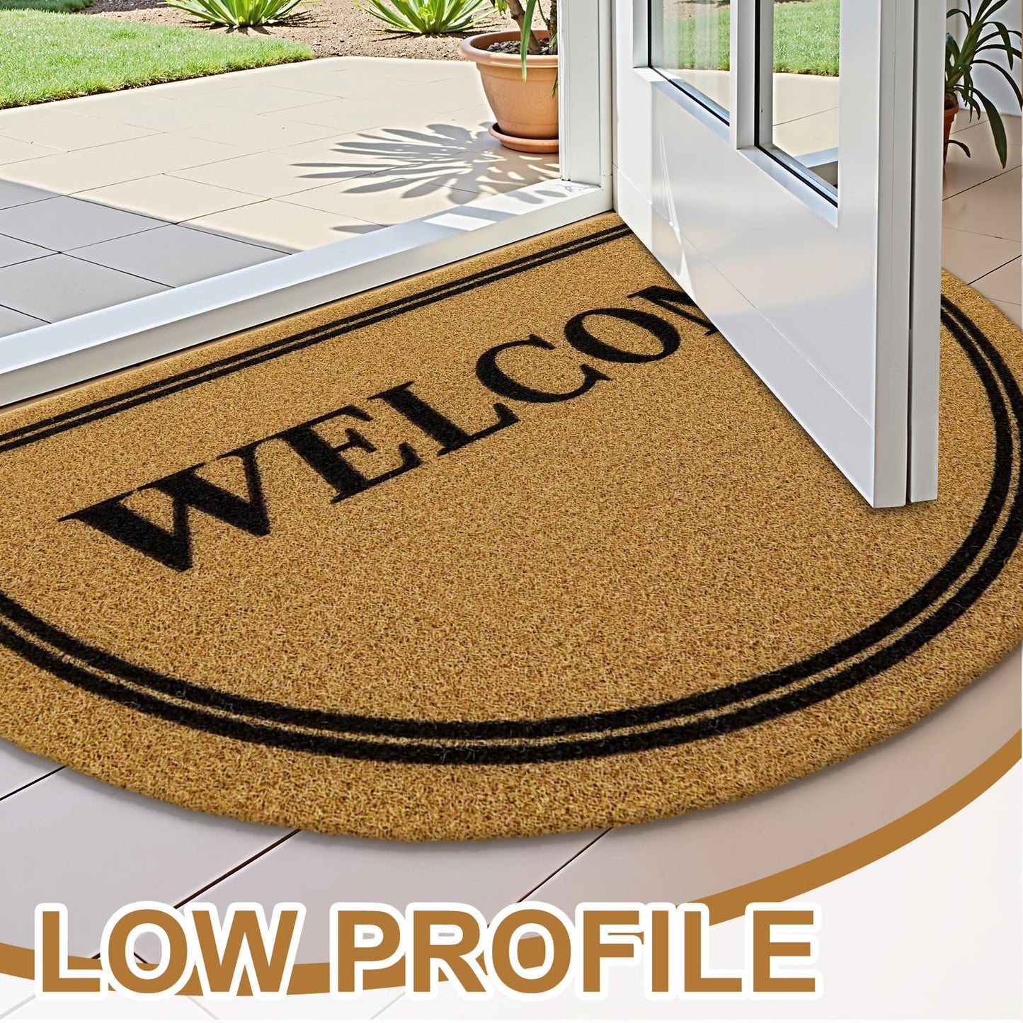 OLANLY Half Circle Front Door Mat, Low Profile Doormat, Stain and Fade Resistant, Easy to Clean, for Indoor and Outdoor Entrances, Patio Porch or Entryway, Brown (30x17 Inch, Welcome)