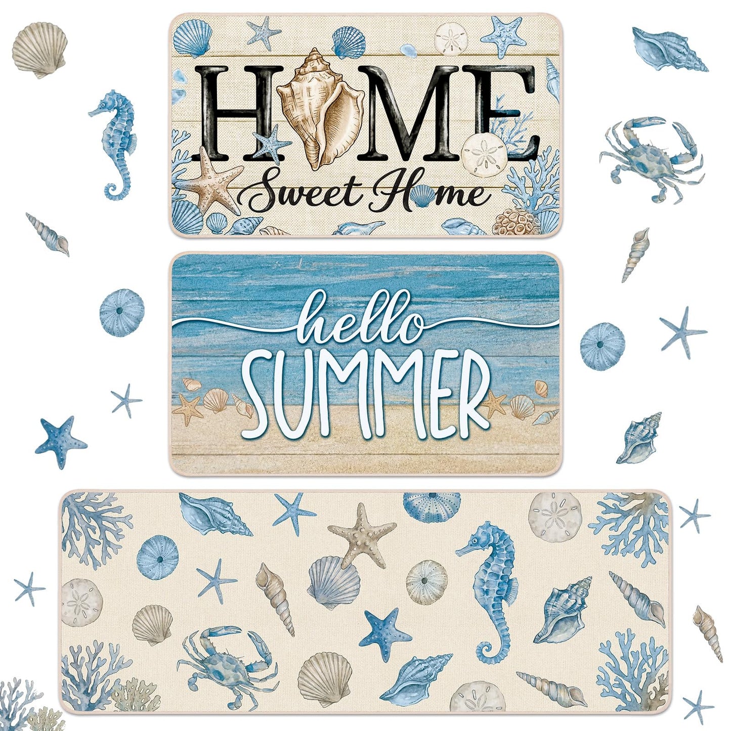 Dunzy 3 Set Coastal Kitchen Rugs Beach Rug Blue Crab Starfish Shell Sea Nautical Absorbent Mats for Sea Kitchen Bathroom Seasonal Home Decor 3 Sizes