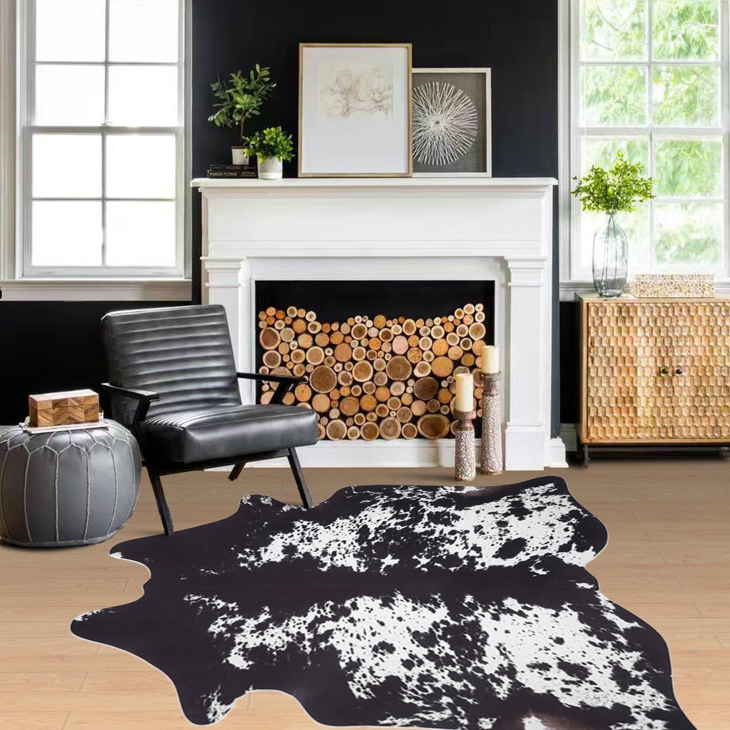 Faux Cowhide Rug 4.6x5.2ft Cow Print Cow Hide Rugs Small Premium Area Carpet Animal Print Rug Western Room Decor for Living Room Bedroom (Black&White)