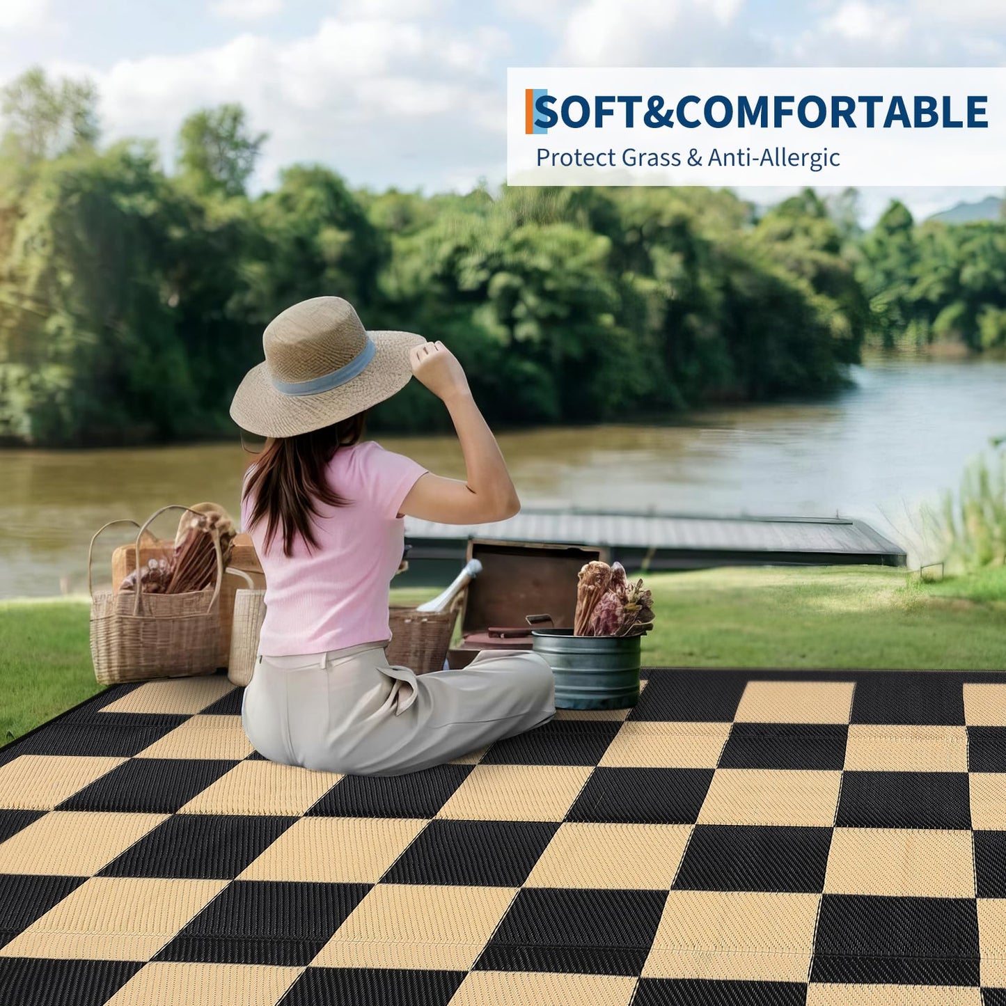 8 * 10ft Checkerboard Outdoor Rug, Reversible Woven Plastic Straw Patio Mat, Portable Floor Mat, Checkered Camping Carpet with Corner Loops for RV, Deck, Picnic, Balcony, Black & Brown