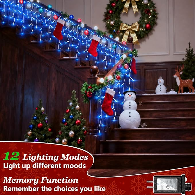 1332 LED 132ft Christmas String Lights Outdoor, 12 Modes Dimmable Curtain Lights with 296 Drops, Waterproof Fairy Lights with Timer for Bedroom Window Holiday Wedding Home Xmas Decorations, Blue