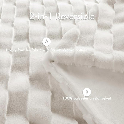 Madison Park Luxuriously Cozy Soft Long Faux Fur Throw Basketweave Blanket Reversible Soft & Snuggly Velvet Throw, Lightweight, Breathable Trendy Room Décor Summer Blanket, 50x60, Ivory