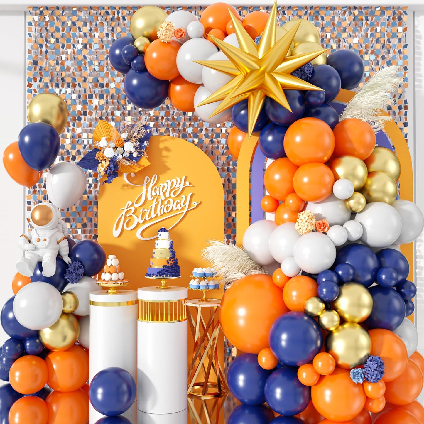 Blue and Orange Balloon Garland Arch Kit, 107 PCS Royal Dark Blue White Orange Latex Balloons Gold Star Foil for Birthday Thanksgiving Baby Shower Baseball Party