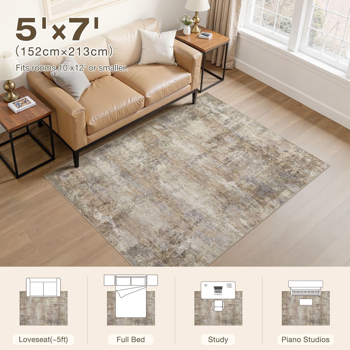 ELLIUNE Area Rugs 5x7 Washable Rug - Brown Rugs for Bedroom Indoor Floor on Slip Soft Living Room, Modern Low Pile Stain Resistant Carpet for Laundry Dining Room Office Home Decor - Dark Brown