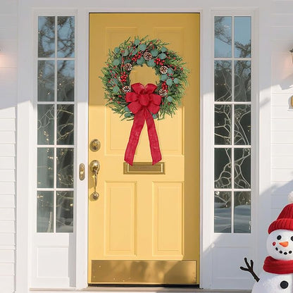 Artificial Christmas Wreath 24Inch Christmas Wreaths for Front Door Norfolk Pine Wreath with Eucalyptus Leaves Red Berries Pine Cones Red Bow for Wall Indoor Outdoor Winter Xmas Decoration