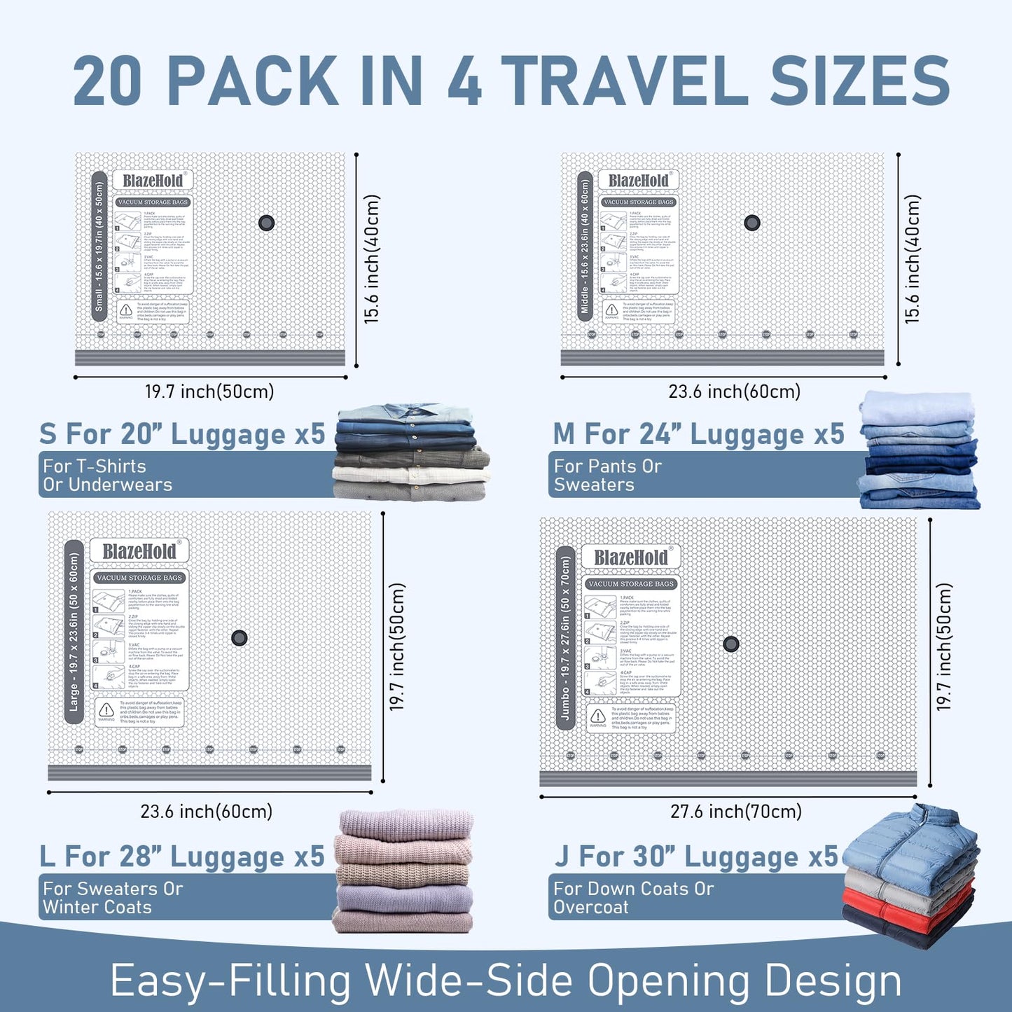 BlazeHold Travel Vacuum Storage Bags with Rechargeable Cordless Pump, 20 Pack 4 Sizes Compression Packing Bag Set for Luggage, Thickened Vacuum Seal Bags for Clothing, Triple-Zipper Sealer Upgrade