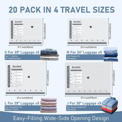 BlazeHold Travel Vacuum Storage Bags with Rechargeable Cordless Pump, 20 Pack 4 Sizes Compression Packing Bag Set for Luggage, Thickened Vacuum Seal Bags for Clothing, Triple-Zipper Sealer Upgrade