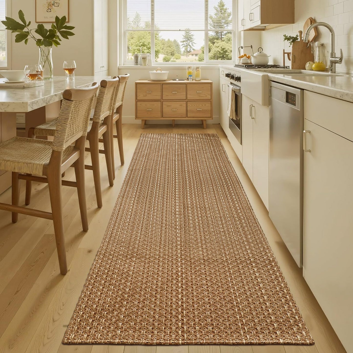 Bathroom Runner Rug,2x6 ft Hallway Runner,Braided Style Kitchen Runner Rugs,Faux Jute Rug with Rubber Backing,Machine Washable Neutral Entryway Runner Non Slip,Tan Brown