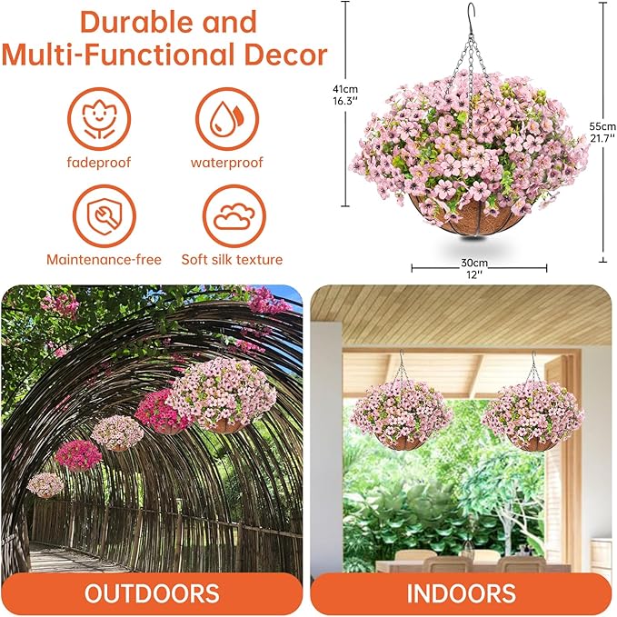 Artificial Hanging Faux Flowers Basket, Fake Silk Daisy Eucalyptus Plants Arrangement,for Spring Summer Outdoor Decoration,UV Resistant, Coconut Planter,Look Real for Home Garden Décor (Pink)