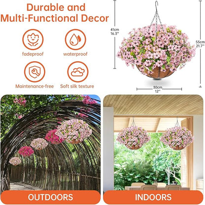 Artificial Hanging Faux Flowers Basket, Fake Silk Daisy Eucalyptus Plants Arrangement,for Spring Summer Outdoor Decoration,UV Resistant, Coconut Planter,Look Real for Home Garden Décor (Pink)