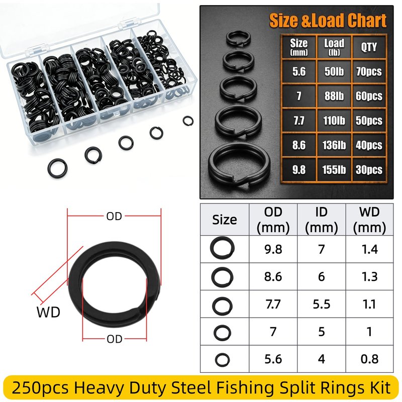 Milepetus Fishing Split Rings Kit: 250pcs Heavy Duty Steel Fishing Lure Making Ring Fishing Hook Connector Tackle(Black Split Mini Plier Set)