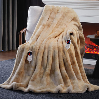 Guohaoi Heated Blanket Electric Throw, Soft Faux Rabbit Fur Electric Blanket with 10 Heating Levels 5 Sitting Timer Auto Off, Cozy Warm Heating Blankets, Machine Washable(50"×60" Beige)