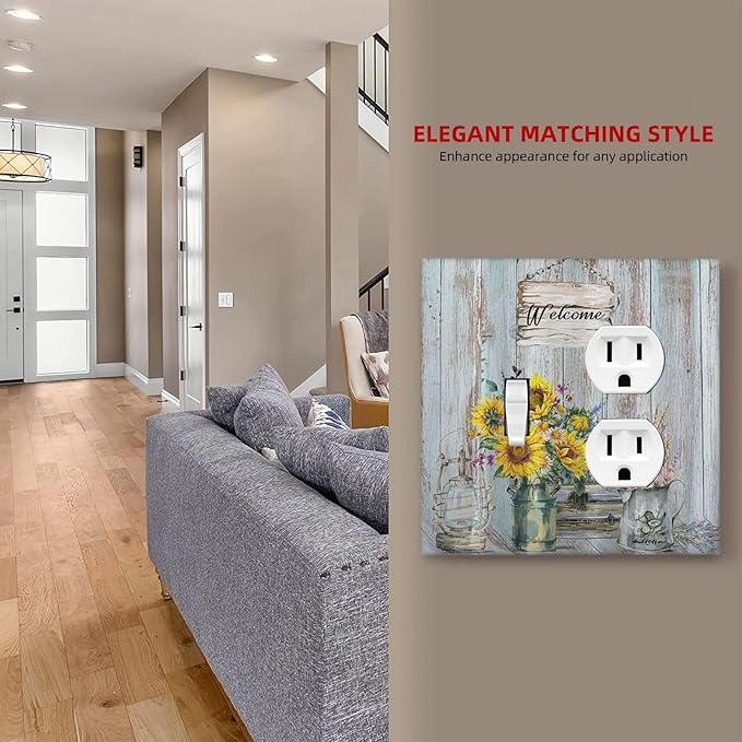 Decorative Light Switch Cover Plate Country Flower Vintage Wood Board Sunflower Butterfly 2 Gang Outlet Covers 1 Toggle 1 Duplex Wall Plate Decorate Electrical Switch Plate Covers for Bathroom Home