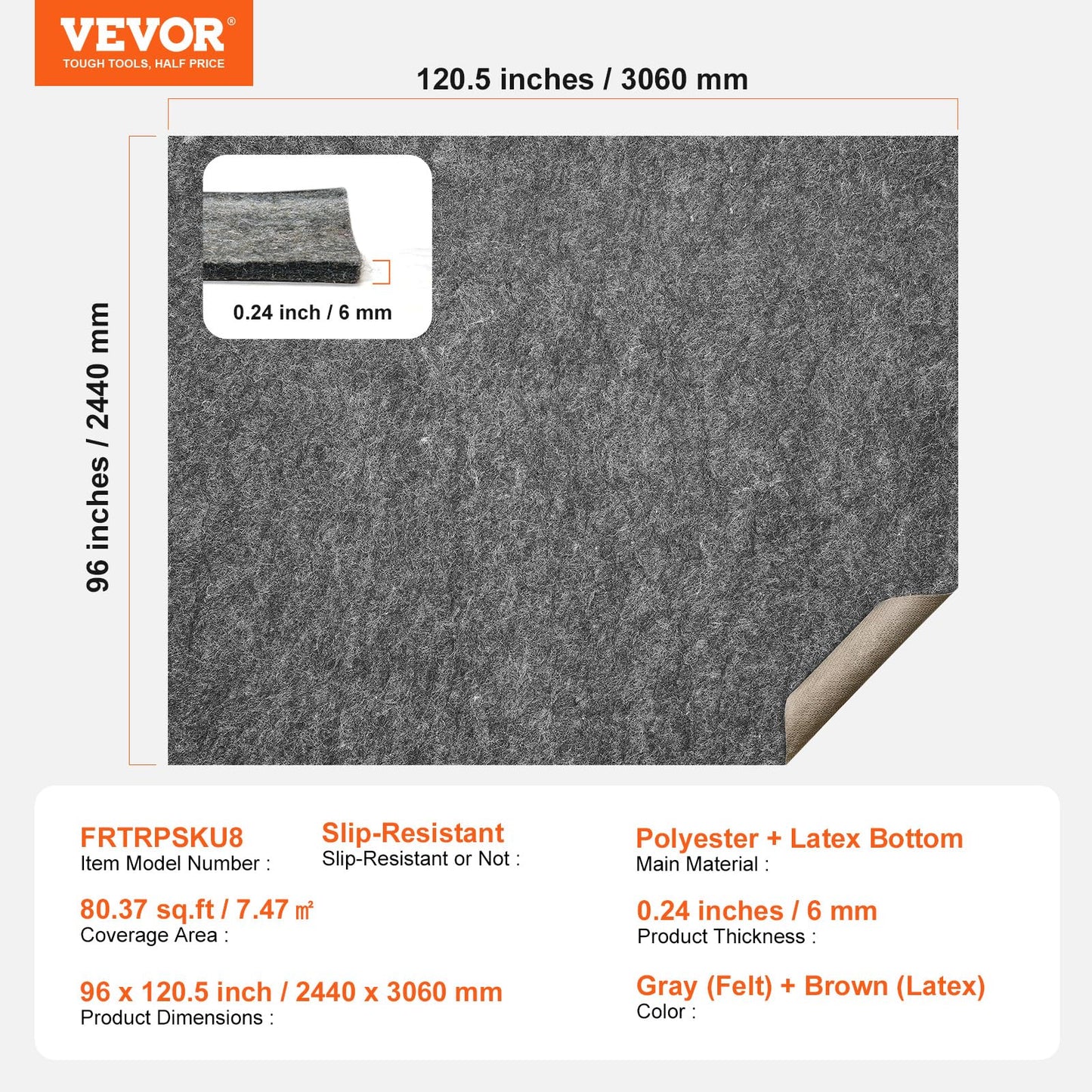 VEVOR 8' x 10' Non-Slip Rug Pad Gripper - 1/4" Thick Polyester Felt & Latex Backing Padding Cushion for Area Carpet Runner Hardwood Floors Living Room - Grey