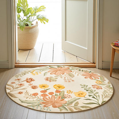 jinchan 4ft Round Floral Area Rug for Entryway - Washable Soft Non-Slip Flower Rug Circle 4' Round Accent Rug for Living Room Bedroom Dining Room Coral Pink on Beige