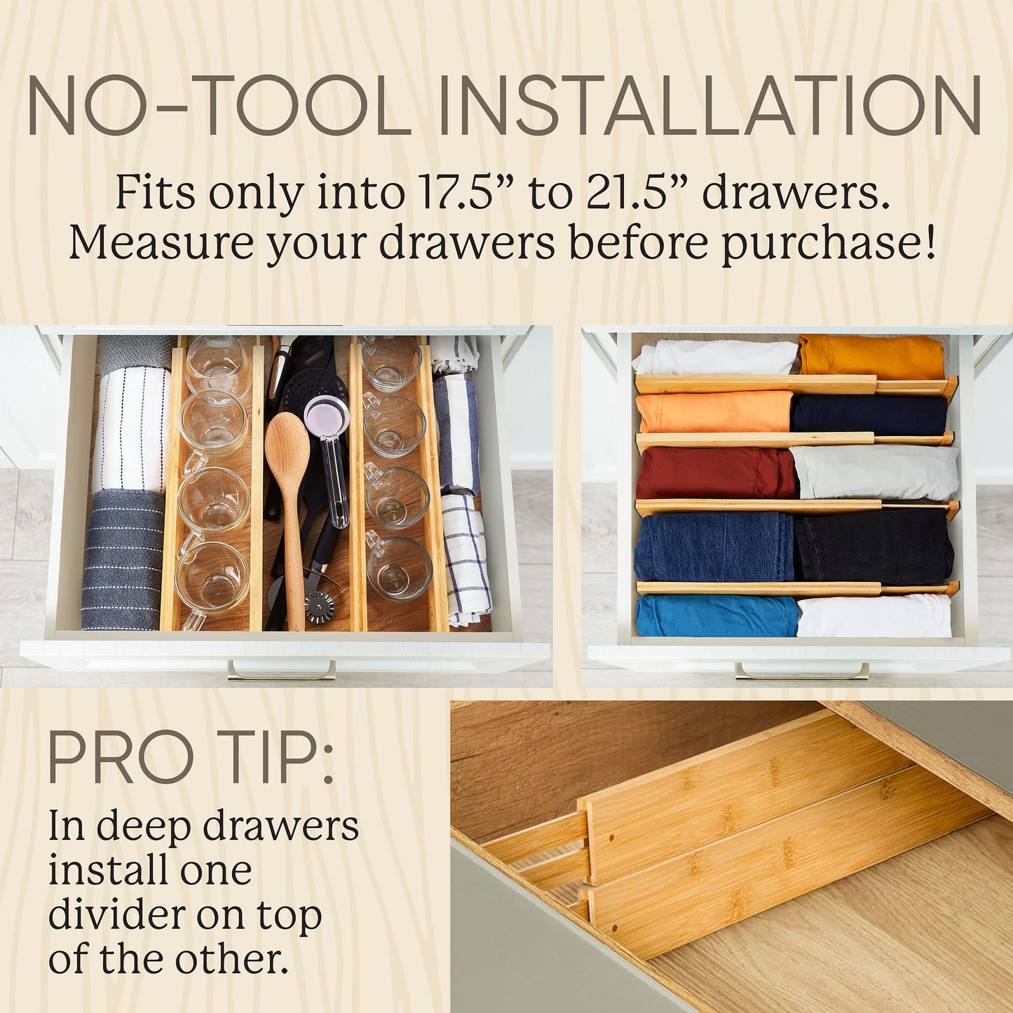 Night Tree Expandable Bamboo Drawer Dividers – drawer separators for Clothes, Kitchen Utensils, Bathroom, and Dresser Drawers (17.5" to 21.5")