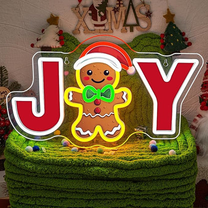 JOY Gingerbread Man Neon Sign – Christmas LED Wall Light with Santa Hat & Holiday Décor – Festive Neon Sign for Home, Parties, and Seasonal Decorations