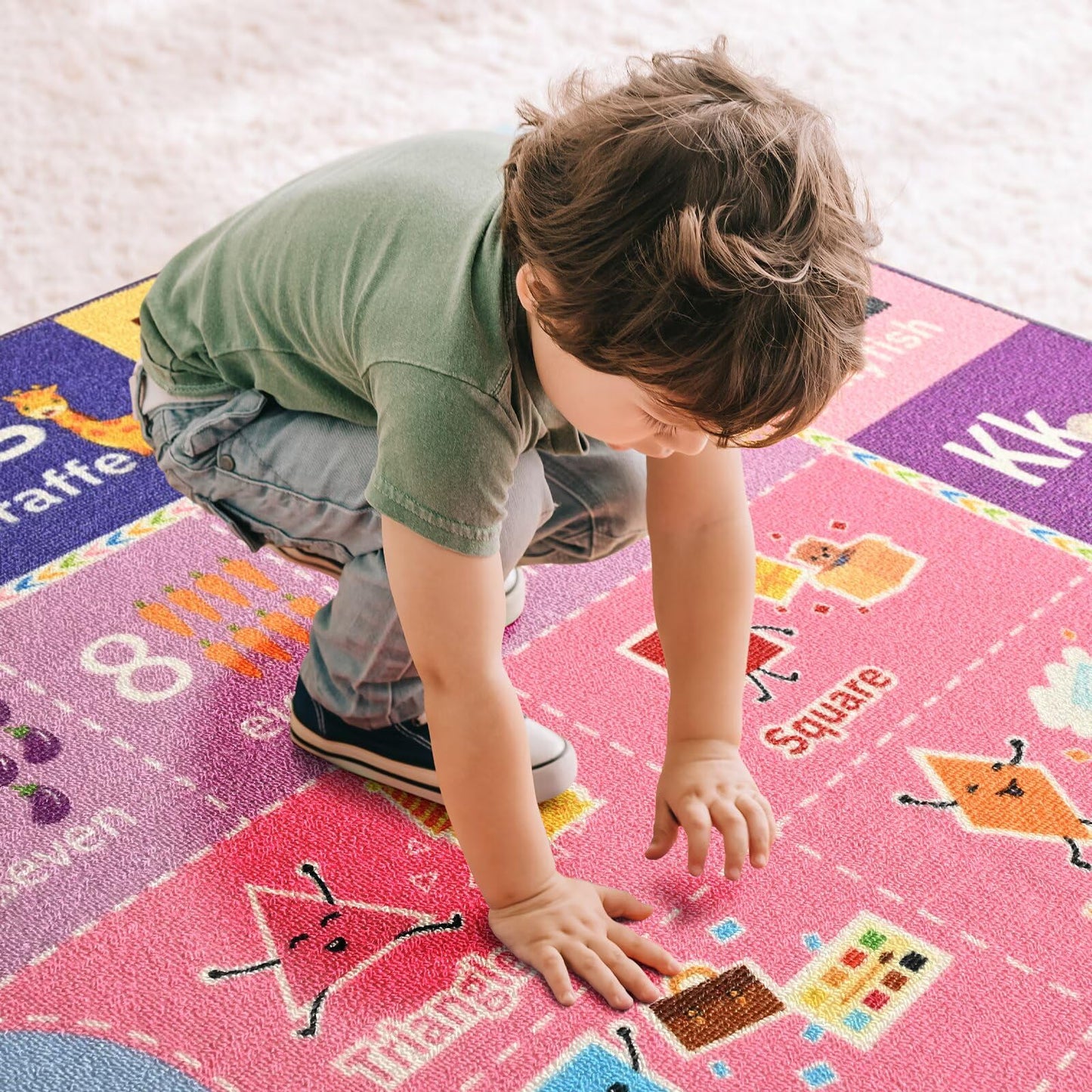 Macgace ABC Kids Rug for Playroom, 3x5 Pink Purple Washable Classroom Area Rugs, Toddler Educational Play Mat with Alphabet Numbers Seasons Shapes, Learning Fun for Preschool Children