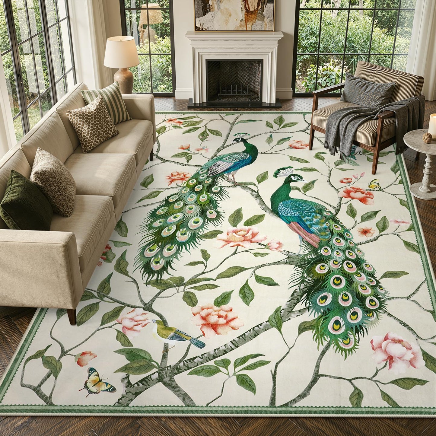 Anidaroel Whimsical Peacock Feathers Area Rug, 8x10 Washable Rugs for Living Room Eclectic Bird Carpet, Soft Large Bedroom Rug Stain-Resistant Dining Room Floor Carpet for Study Home, Beige
