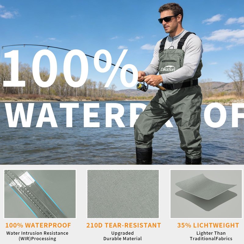 DikaSun Fishing Waders for Men & Women, Waterproof 2-Ply Nylon/PVC Chest Wader with Boots for Outdoor Sizes 4-13 Bootfoot