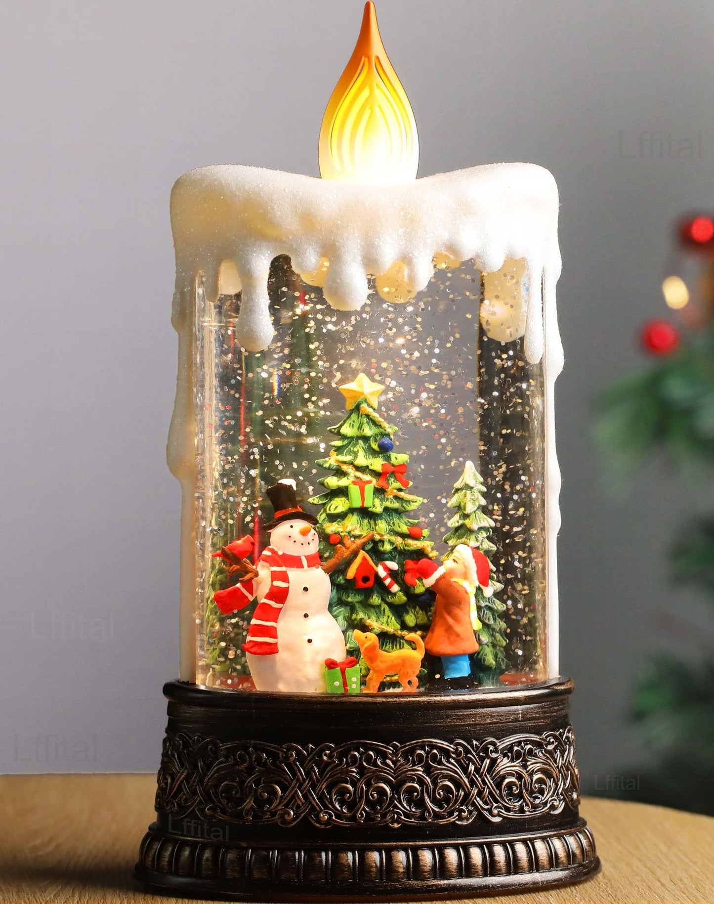 Lffital Snowman Christmas Snow Globe Lantern, Lighted Christmas Decorations for Home Candle Shaped Snow Lantern with Music Timer Glittering, Home Decor Festival Gife, USB & Battery Operated