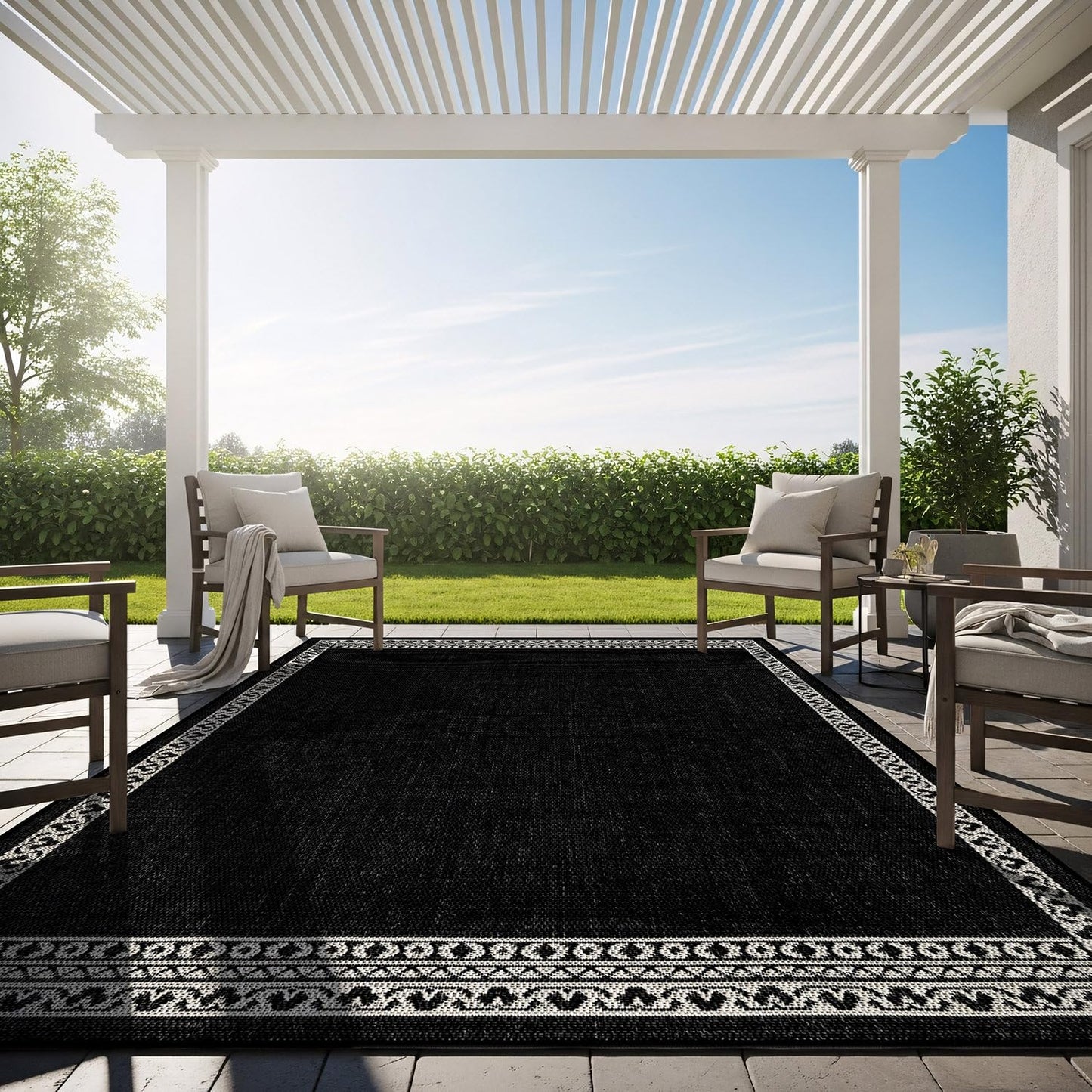 Washable Outdoor Rug 5x7 Modern Area Rugs Outdoor Carpets Bordered Pattern Non Shedding Waterproof Easy Clean Patio Deck Porch Living Room Bedroom Garden RV (5 X 7 Black)