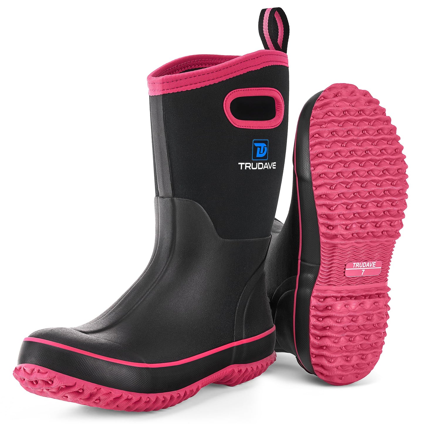 Trudave Rubber Boots for Women, Mid Calf Rain Boots, Womens Waterproof Boots, Neoprene Insulated Outdoor Work Mud Boots for Hunting Farming Gardening Fishing, Pink, Size 10