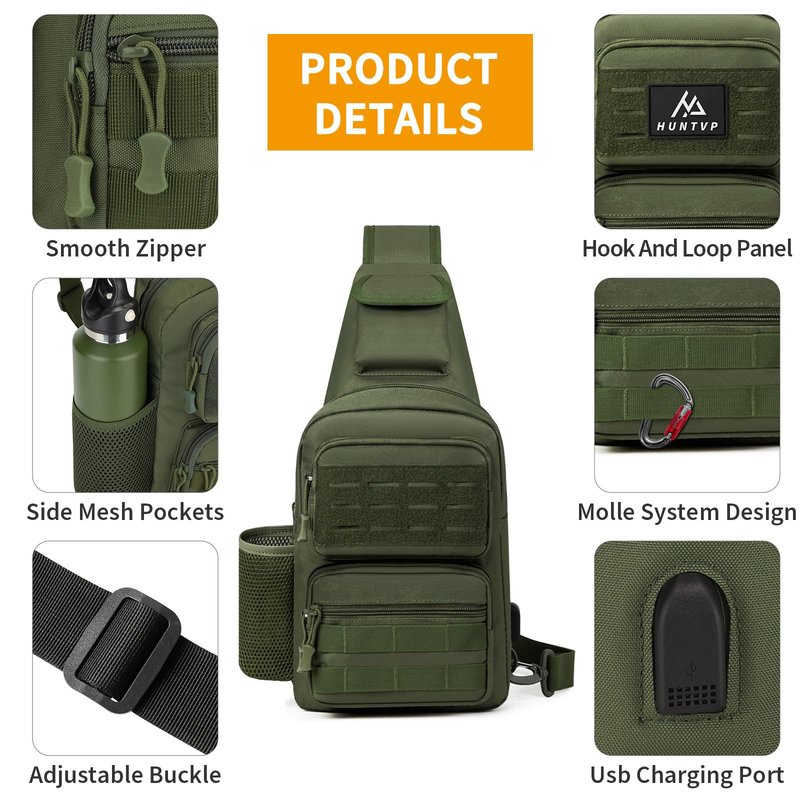 HUNTVP Tactical Sling Bag Crossbody Bag for Men Women EDC Shoulder Bags Molle Sling Backpack Chest Pack for Hiking Hunting Travelling Camping (Type3-Army Green)