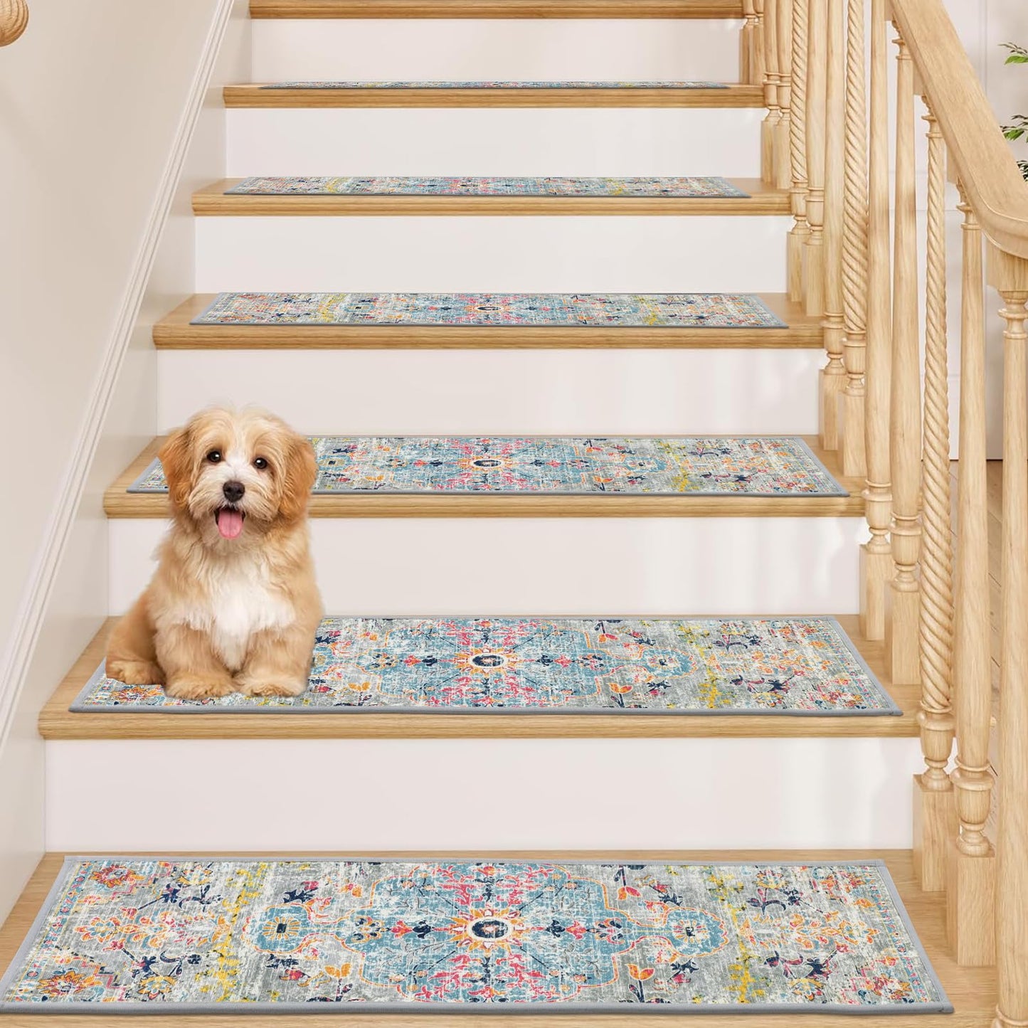 Pauwer Carpet Stair Treads for Wooden Steps Indoor 15 Pack 8" X 30" Peel and Stick Stair Treads Non Slip Staircase Step Treads Reusable Stair Runner Rugs for Dogs, Kids and Elders
