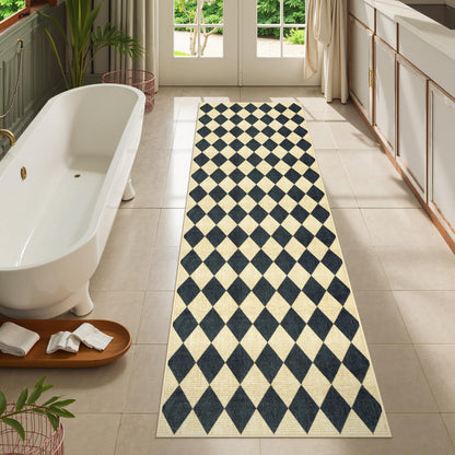 LIVEBOX Checkered Rug Runners for Hallways 2.5x8, Non Slip Kitchen Washable Runner Rugs, Moroccan Plaid Indoor Carpet Runner for Entryway Bathroom Bedroom Laundry