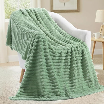 decorUhome Soft Fleece Sage Green Twin Blanket for Bed, Cozy Fluffy Plush Flannel Striped Throws for Couch Sofa, Lightweight Decorative Ribbed Fuzzy Blanket for Woman, 60x80 Inches