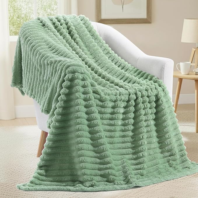 decorUhome Soft Fleece Sage Green Blanket Queen Size for Bed, Cozy Fluffy Plush Flannel Large Striped Throws for Couch Sofa, Lightweight Decorative Fuzzy Blanket for Woman, 90x90 Inches
