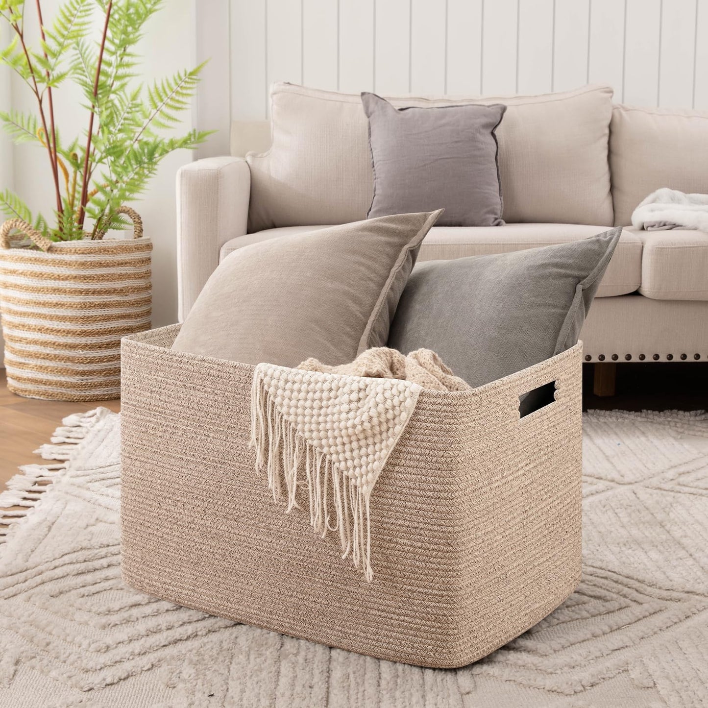 OIAHOMY 118L XXXLarge Cotton Rope Storage Basket, Oversized Blanket Basket, Used for Organizing Dirty Clothes in Living Room, Bedroom, Nursery, Dog Toy Storage Bins, 25" x 17" x 16",Brown variegated