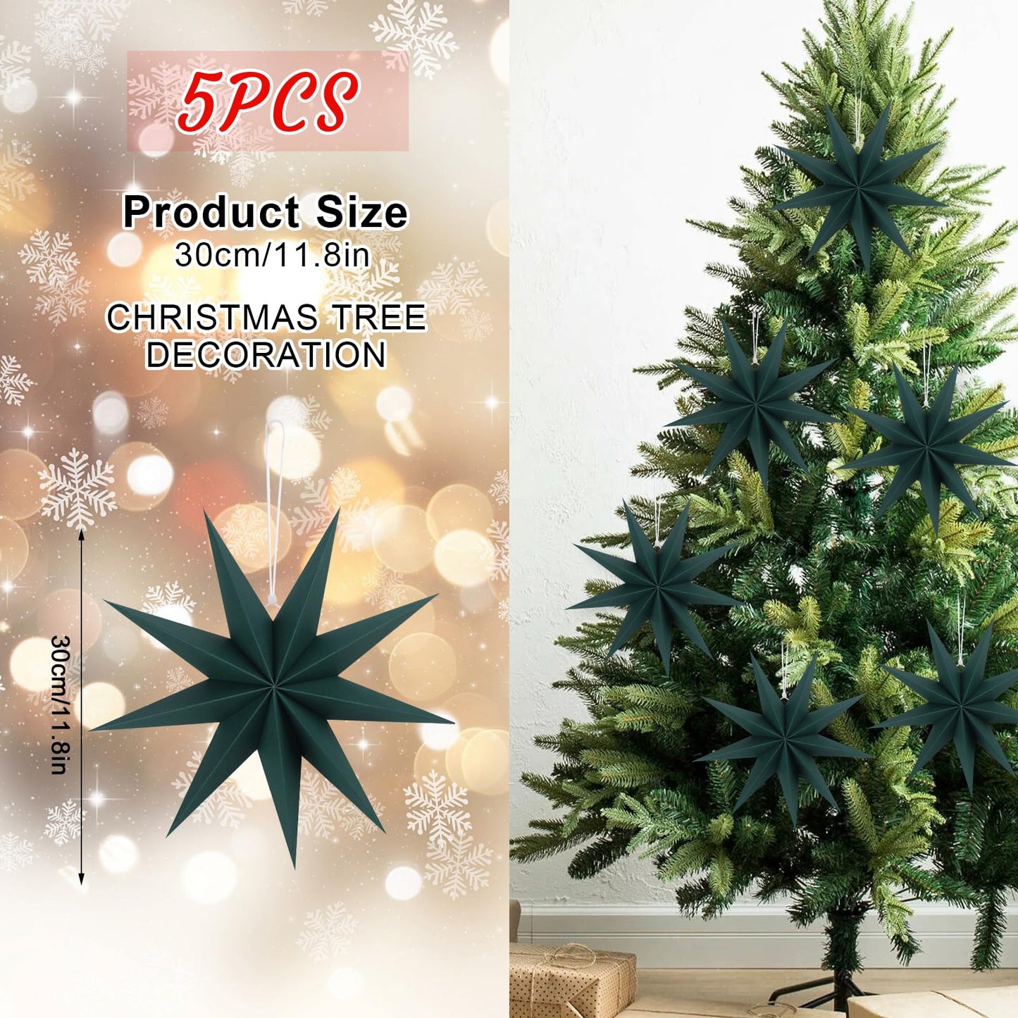BestoFun 12 Inches 5 PCS Dark Green Paper Star Lanterns Christmas Party Decorations Hanging Stars Christmas Party Decorations Wedding Birthday Christmas Home Party Decorations(9 Pointed)