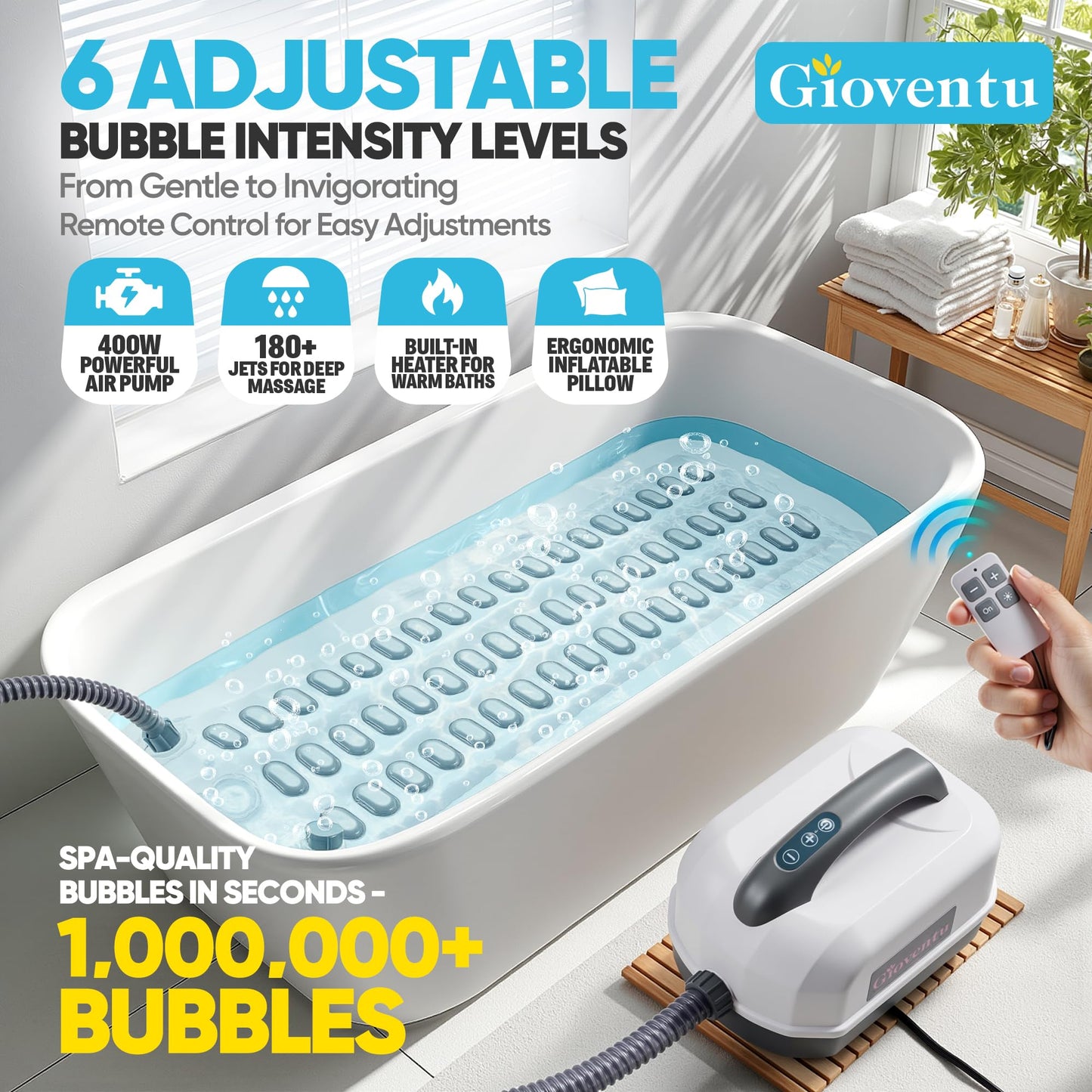 Premium Spa Mat for Bathtub - 400W High-Performance Bubble Massage Mat with Wireless Remote, 6 Speeds, Inflatable Pillow & Strong Suction Cups - Transform Your Tub into a Luxury Hot Tub