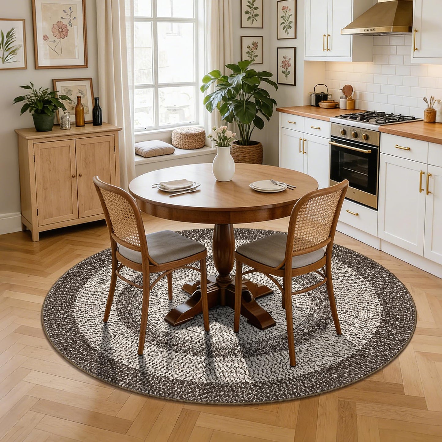 Modern Bordered Round Area Rug 4ft Washable Bedroom Circle Rugs Non Slip Stain Resistant Dining Room Round Throw Carpet Contemporary Circle Mats for Living Room Kitchen Nursery, Mocha
